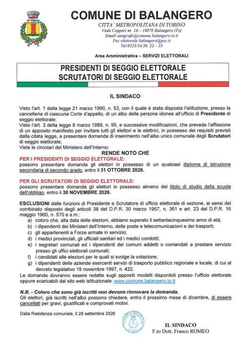 Avviso: aggiornamento albo Scrutatori e Presidenti di seggio elettorale
